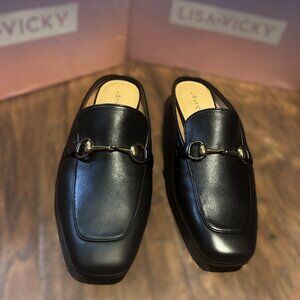 Lisa Vicky Black Leather Mule Loafers-Size 9.5 (new in box)